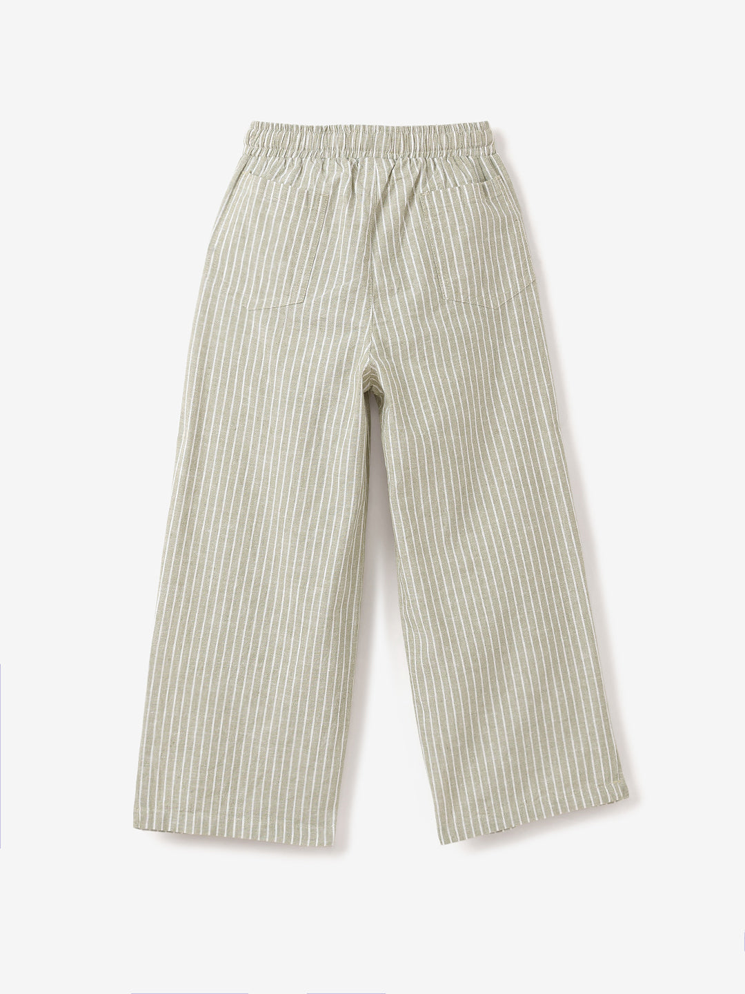 Green Striped Cotton Linen Relaxed Fit Trousers