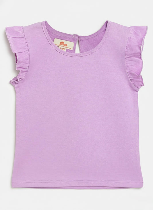 Lavender 100% Cotton Regular Fit Short Frill Sleeves T-shirt