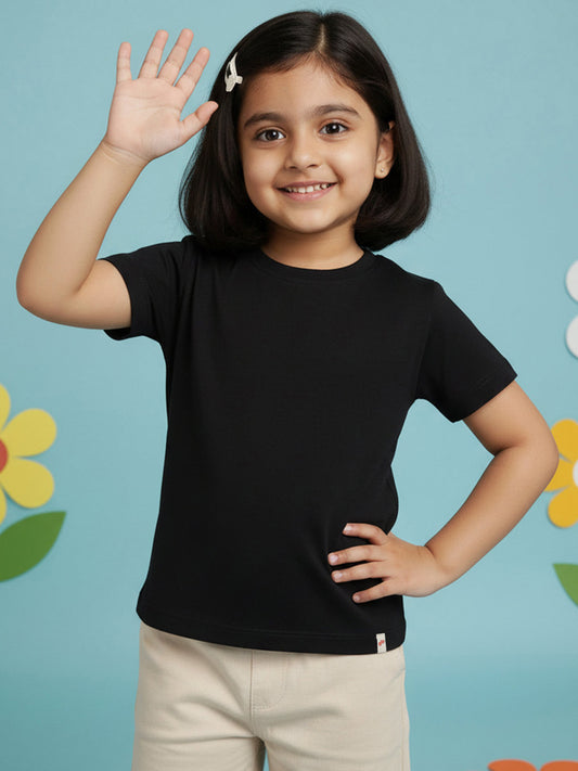 Black 100% Cotton Regular Fit Solid Short Sleeves T-shirt for Girls