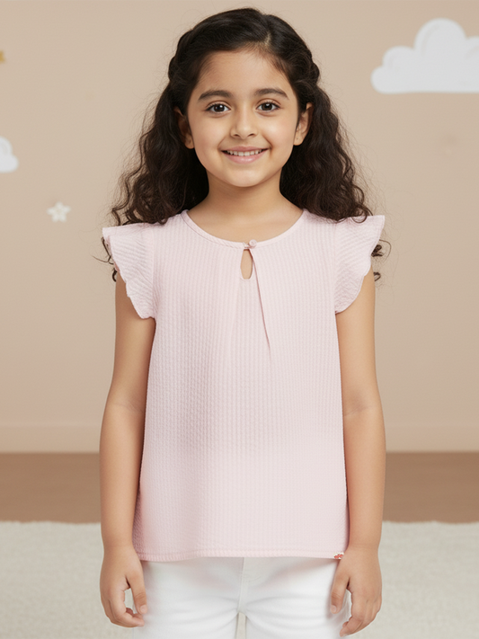 Pastel Pink 100% Cotton Seer Sucker Frill Sleeves Top