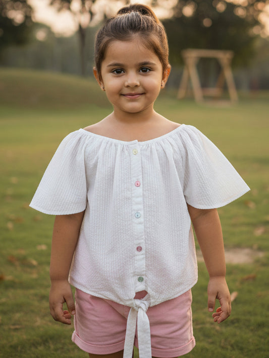 White 100% Cotton Seer Sucker Raglan Sleeves Tie-up Top