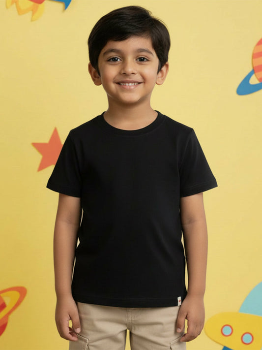 Black 100% Cotton Regular Fit Solid Short Sleeves T-shirt for Boys