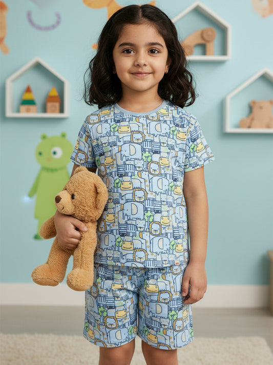 Light Blue 100% Cotton Oversized Fit Printed Coord Set for Girls