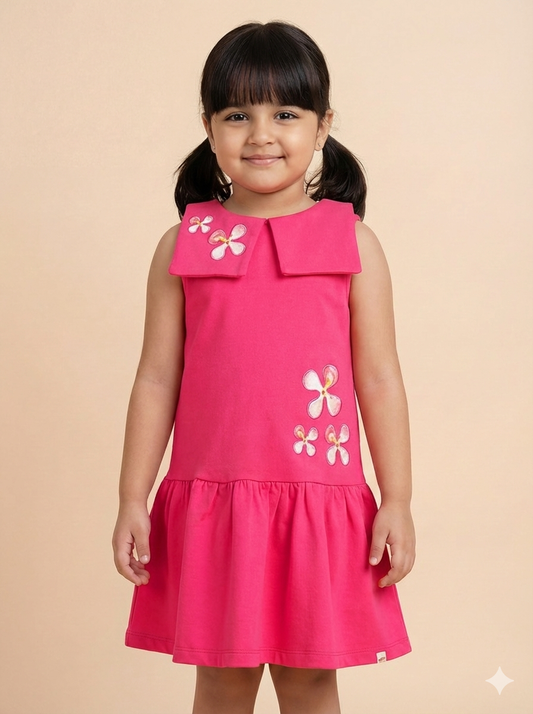 Fuchsia Pink 100% Cotton Peter Pan Collar Checked Dress