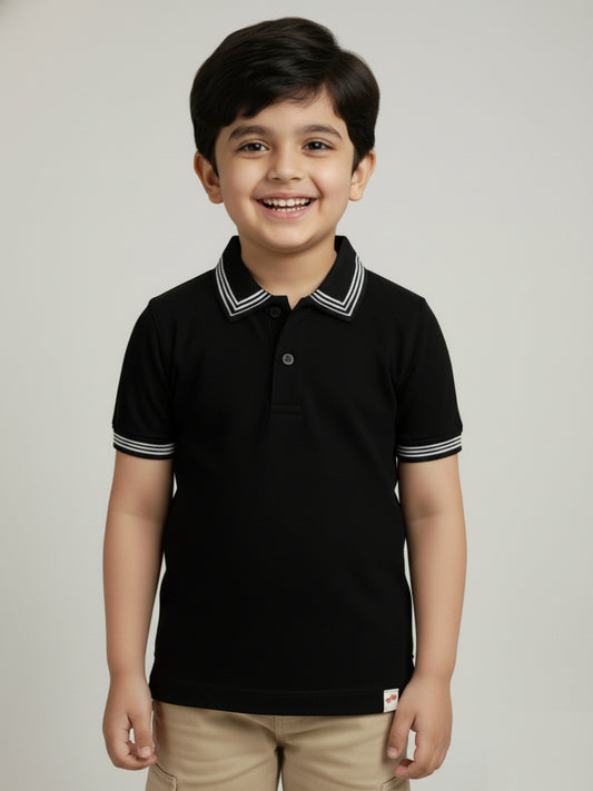 Black 100% Cotton Short Sleeves Polo Collar T-shirt