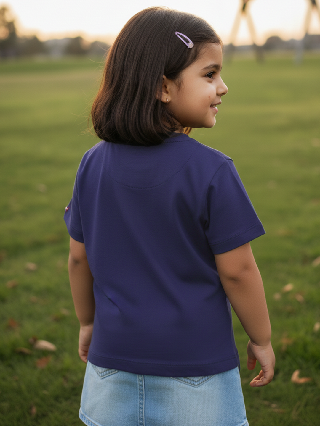 Navy 100% Cotton Regular Fit Solid Short Sleeves T-shirt for Girls
