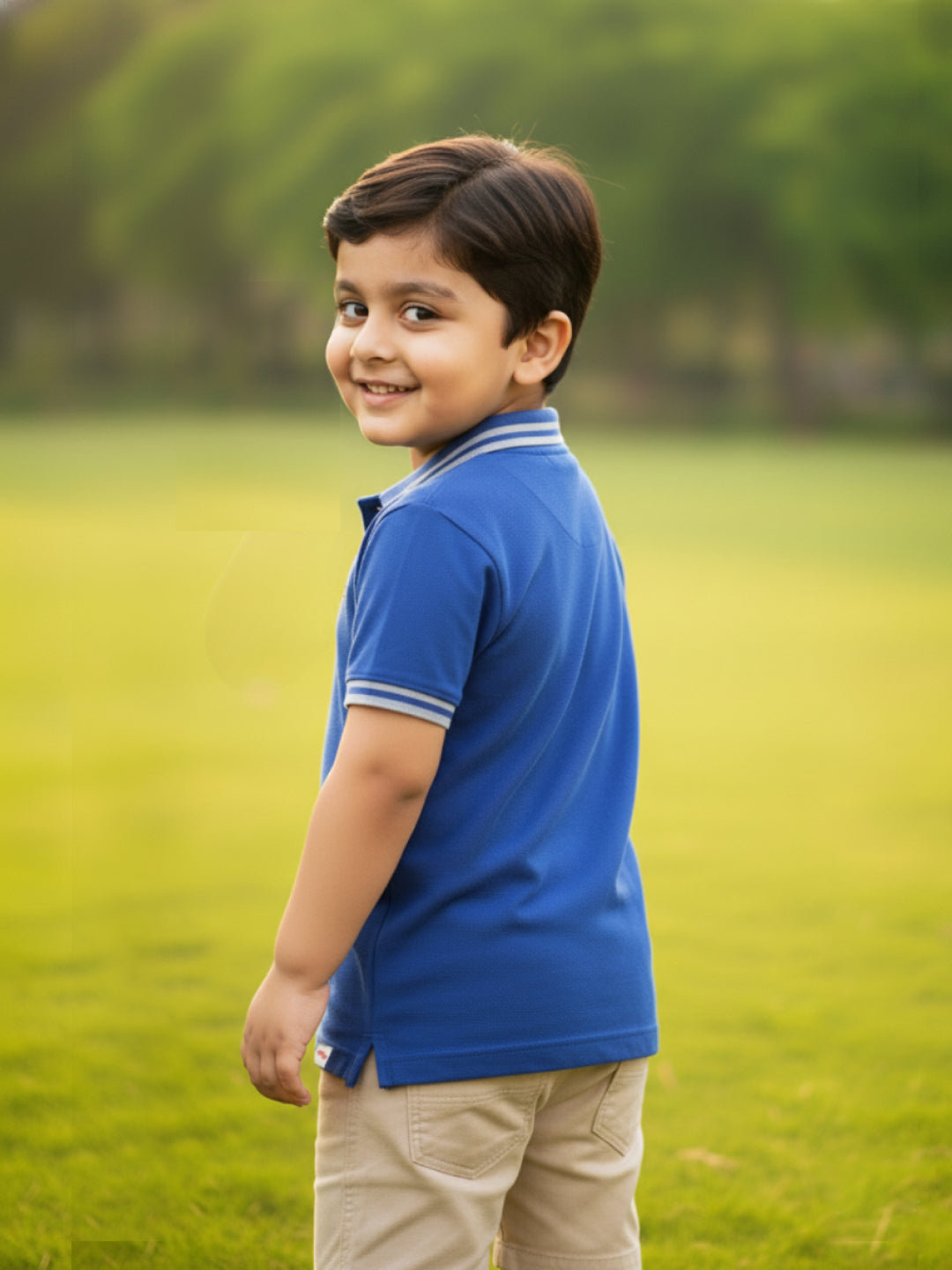 Blue 100% Cotton Short Sleeves Polo Collar T-shirt for Boys