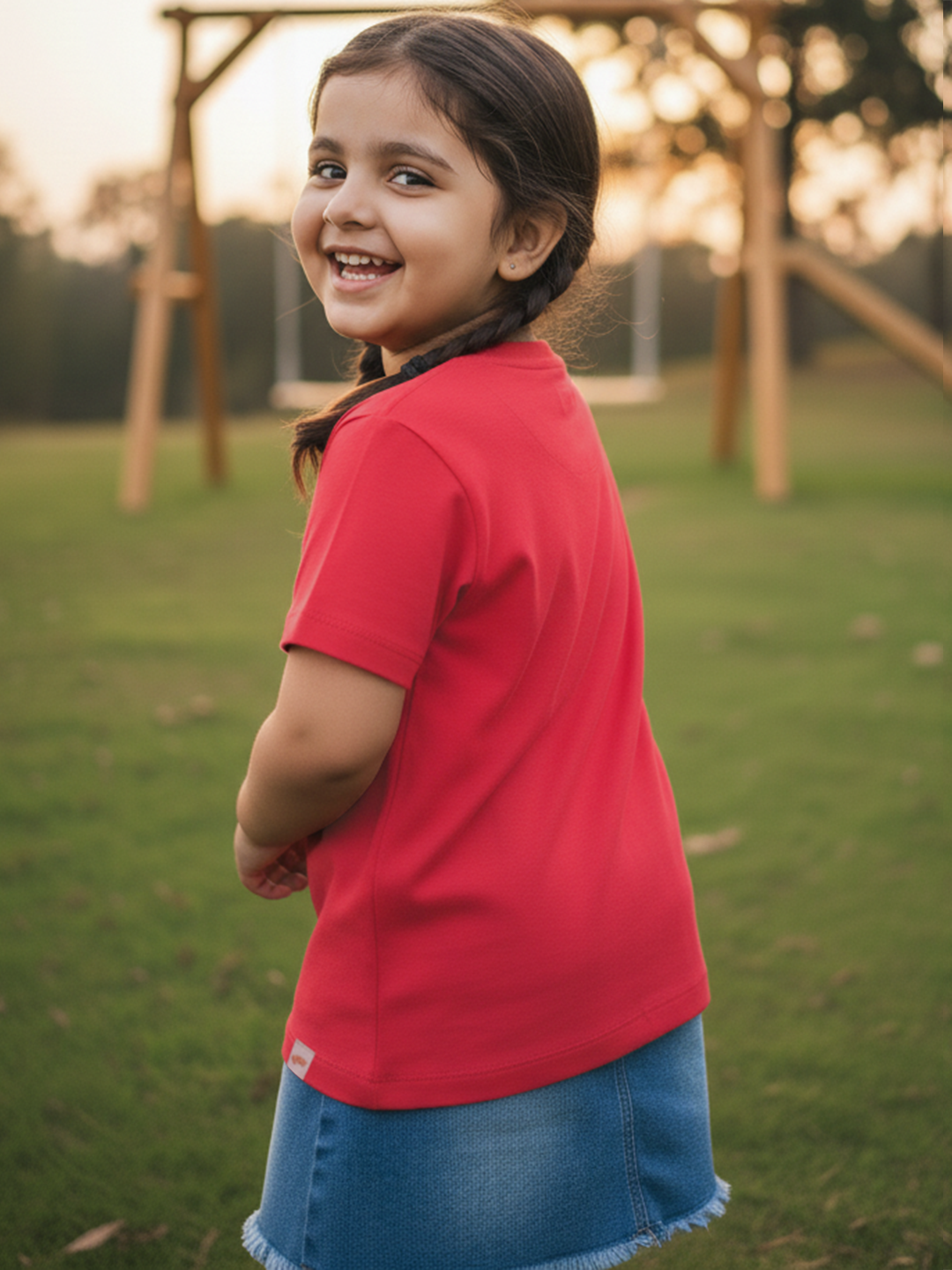 Red 100% Cotton Regular Fit Solid Short Sleeves T-shirt for Girls