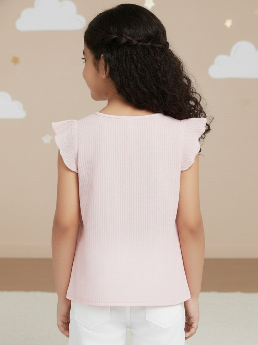 Pastel Pink 100% Cotton Seer Sucker Frill Sleeves Top