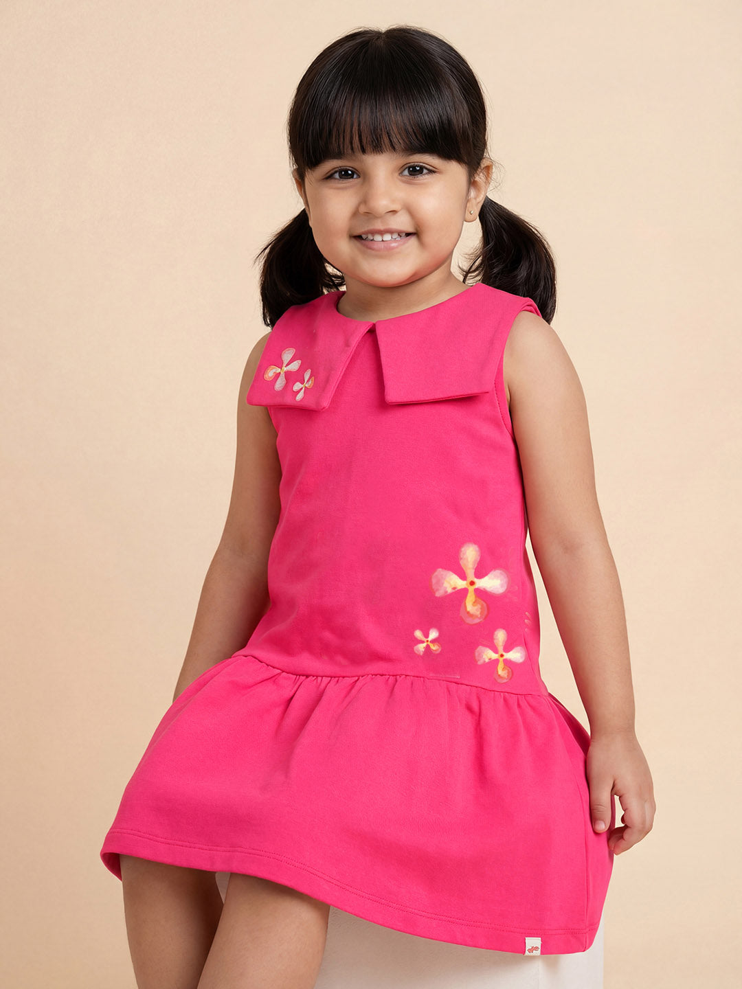 Fuchsia Pink 100% Cotton Peter Pan Collar Checked Dress