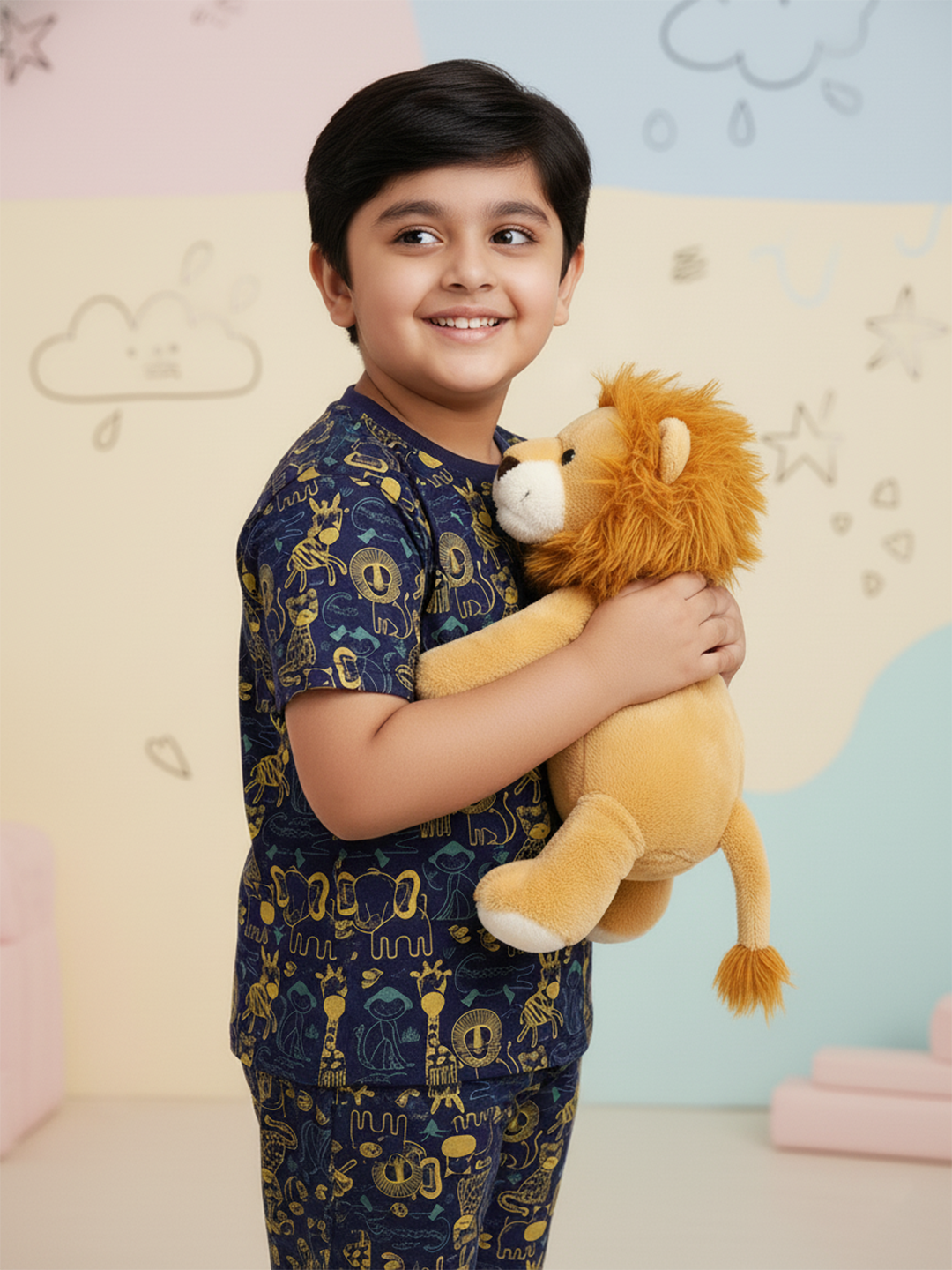 Navy Blue 100% Cotton Regular Fit Printed Coord Set