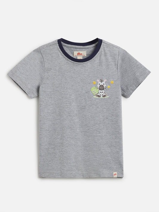 Grey Mélange 100% Cotton Regular Fit Animal Printed Short Sleeves T-shirt