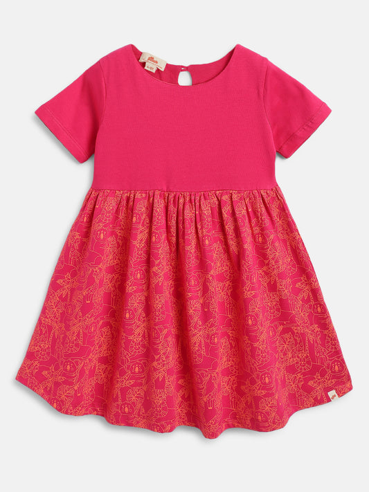 Fuchsia Pink 100% Cotton Animal Printed Short Sleeves Dress