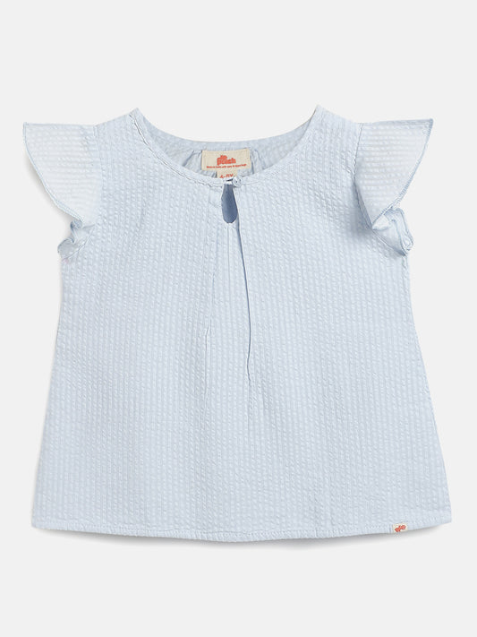Pastel Blue 100% Cotton Seer Sucker Frill Sleeves Top