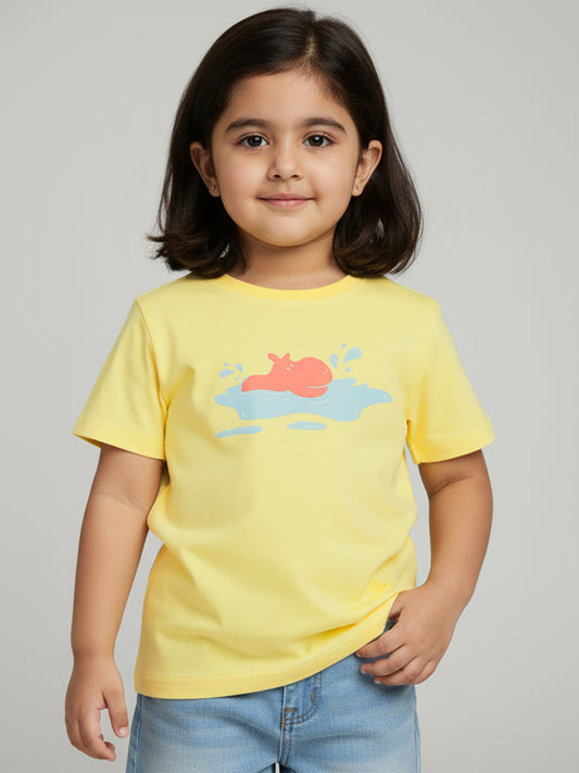 Yellow 100% Cotton Unique Puff Printed Short Sleeves T-shirt for Girls