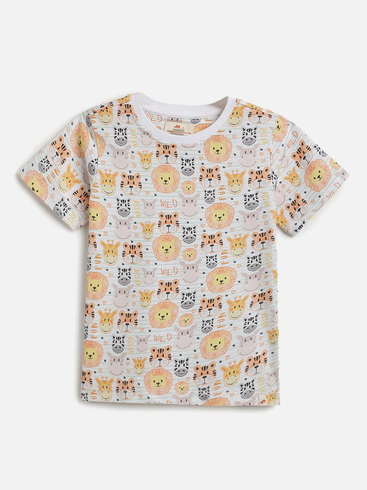 White 100% Cotton Regular Fit Animal Printed Short Sleeves T-shirt for Boys