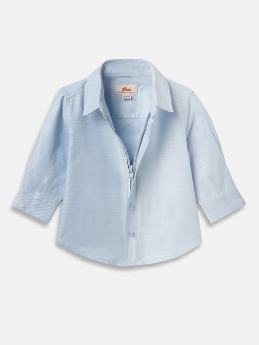 Easy to Wear Blue 100% Cotton Formal Shirt for Toddlers with Zip and Faux Buttons