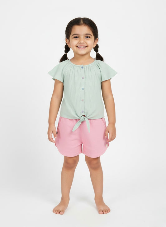 Pastel Green 100% Cotton Seer Sucker Raglan Sleeves Tie-up Top