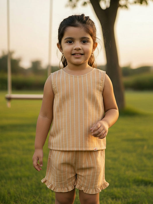 Beige 100% Cotton Striped Boxy Fit Coord Set