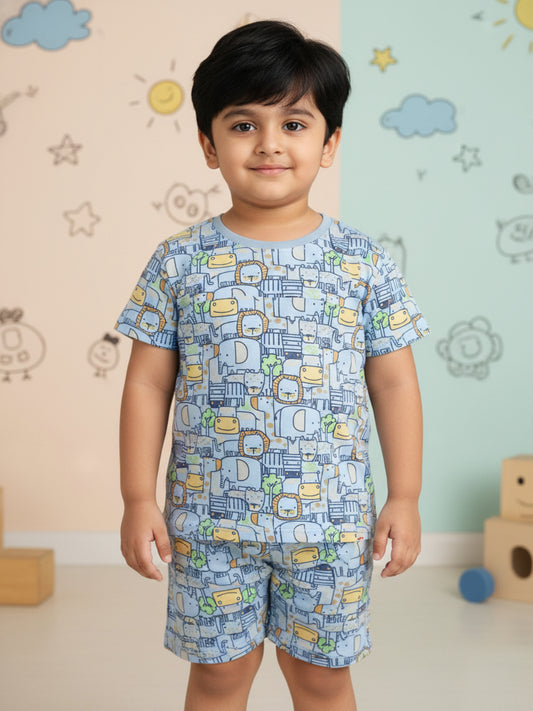 Blue 100% Cotton Oversized Fit Printed Coord Set for Boys