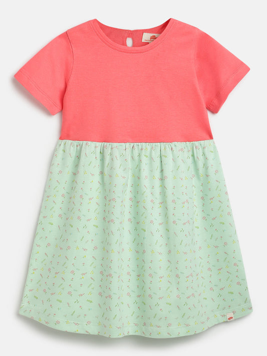 Pink and Green 100% Cotton Animal Printed Short Sleeves Dress