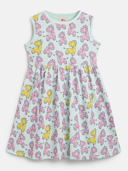 Blue 100% Cotton Animal Printed Sleeveless Dress