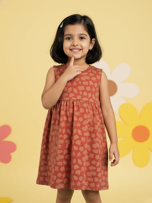 Rust 100% Cotton Printed Sleeveless Dress
