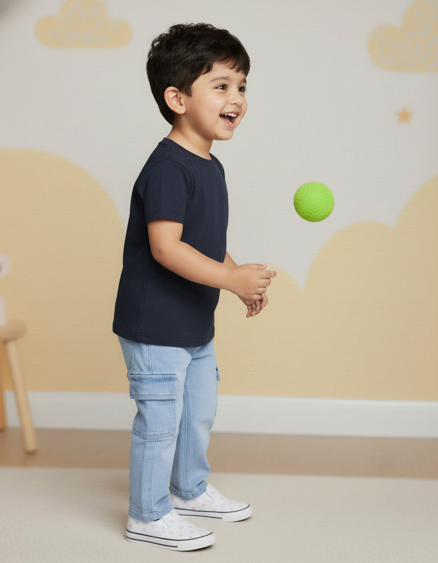 Light Blue 100% Cotton Functional and Stylish Relaxed Fit Cargo Jeans for Boys