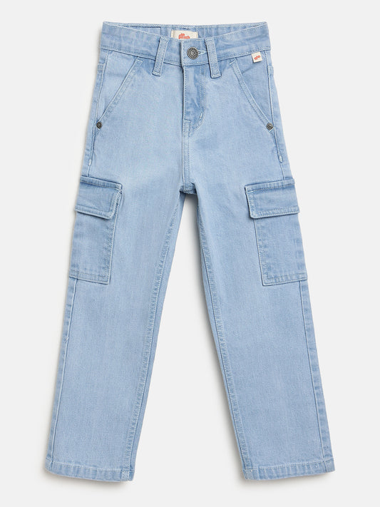 Light Blue 100% Cotton Functional and Stylish Relaxed Fit Cargo Jeans for Boys