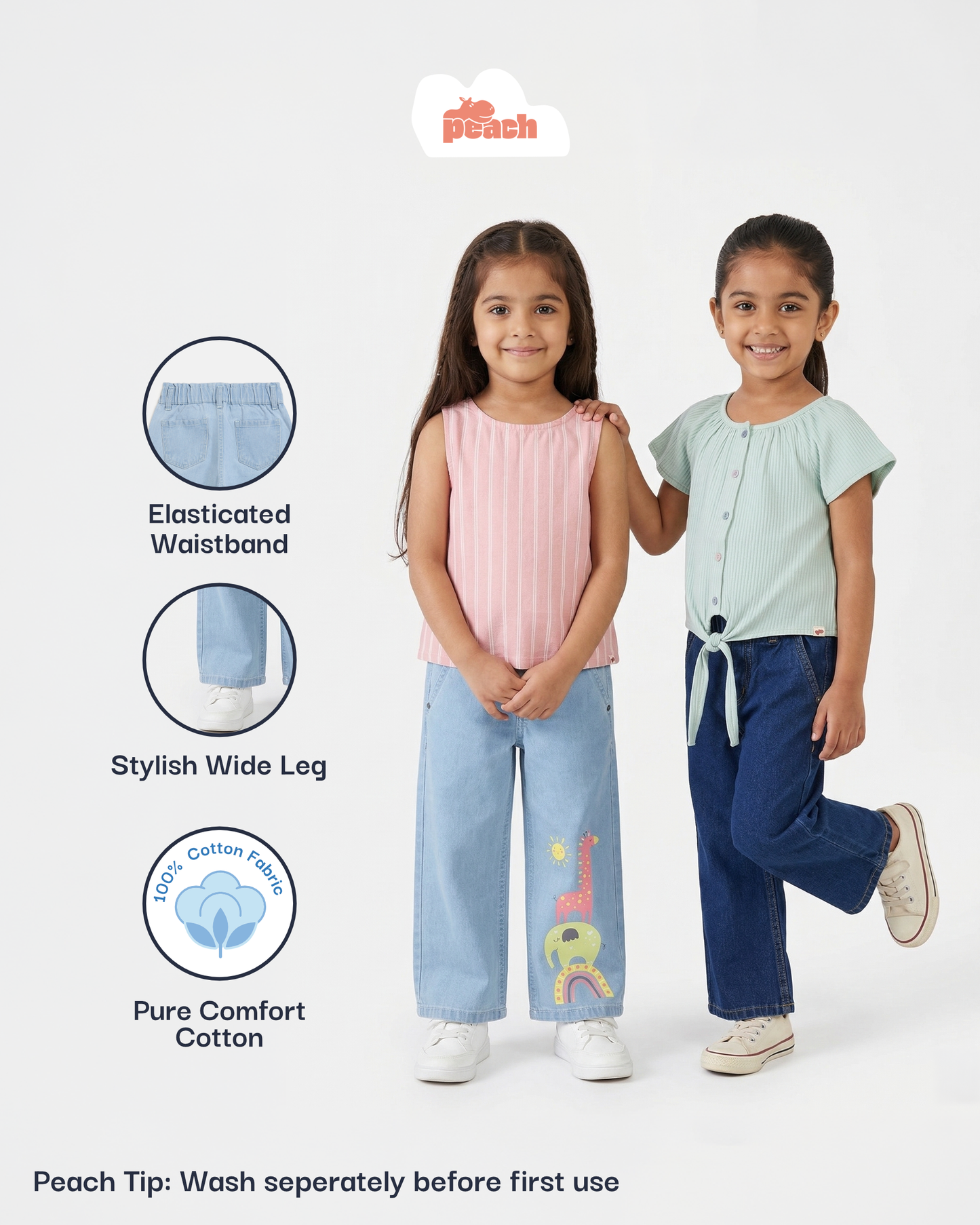 Sky Blue 100% Cotton Wide Leg Animal Printed Jeans for Girls