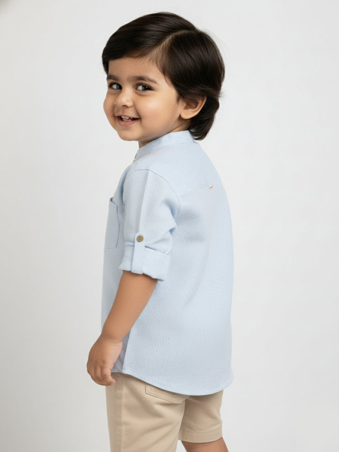 Blue Striped 100% Cotton Mandarin Collar Roll-up Sleeves Shirt