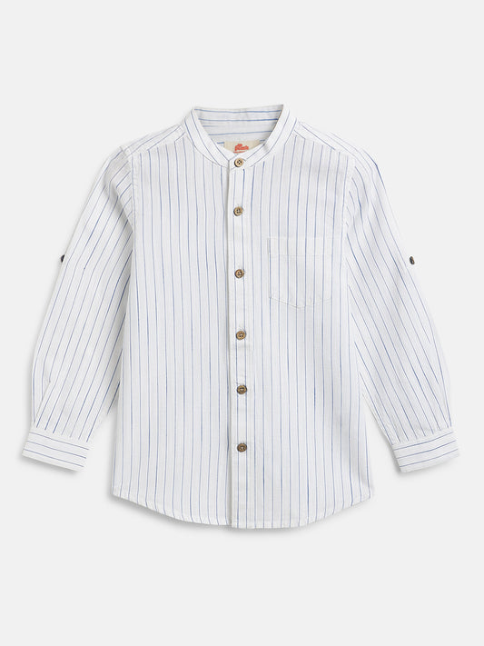 White with Blue Stripes 100% Cotton Mandarin Collar Roll-up Sleeves Shirt
