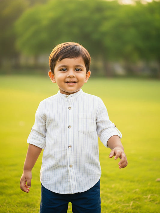 White with Blue Stripes 100% Cotton Mandarin Collar Roll-up Sleeves Shirt