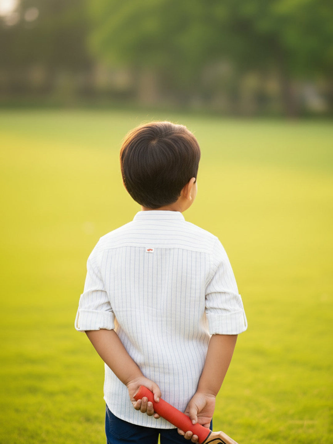 White with Blue Stripes 100% Cotton Mandarin Collar Roll-up Sleeves Shirt
