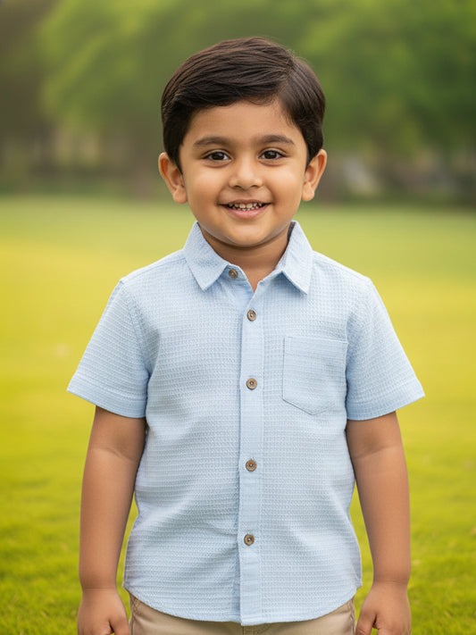 Sky Blue 100% Cotton Waffle Textured Half Sleeve Casual Shirt