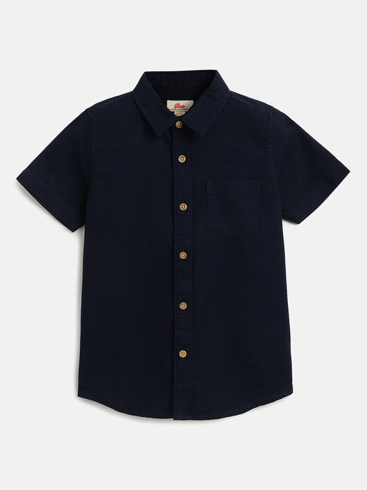 Navy Blue 100% Cotton Waffle Textured Half Sleeve Casual Shirt