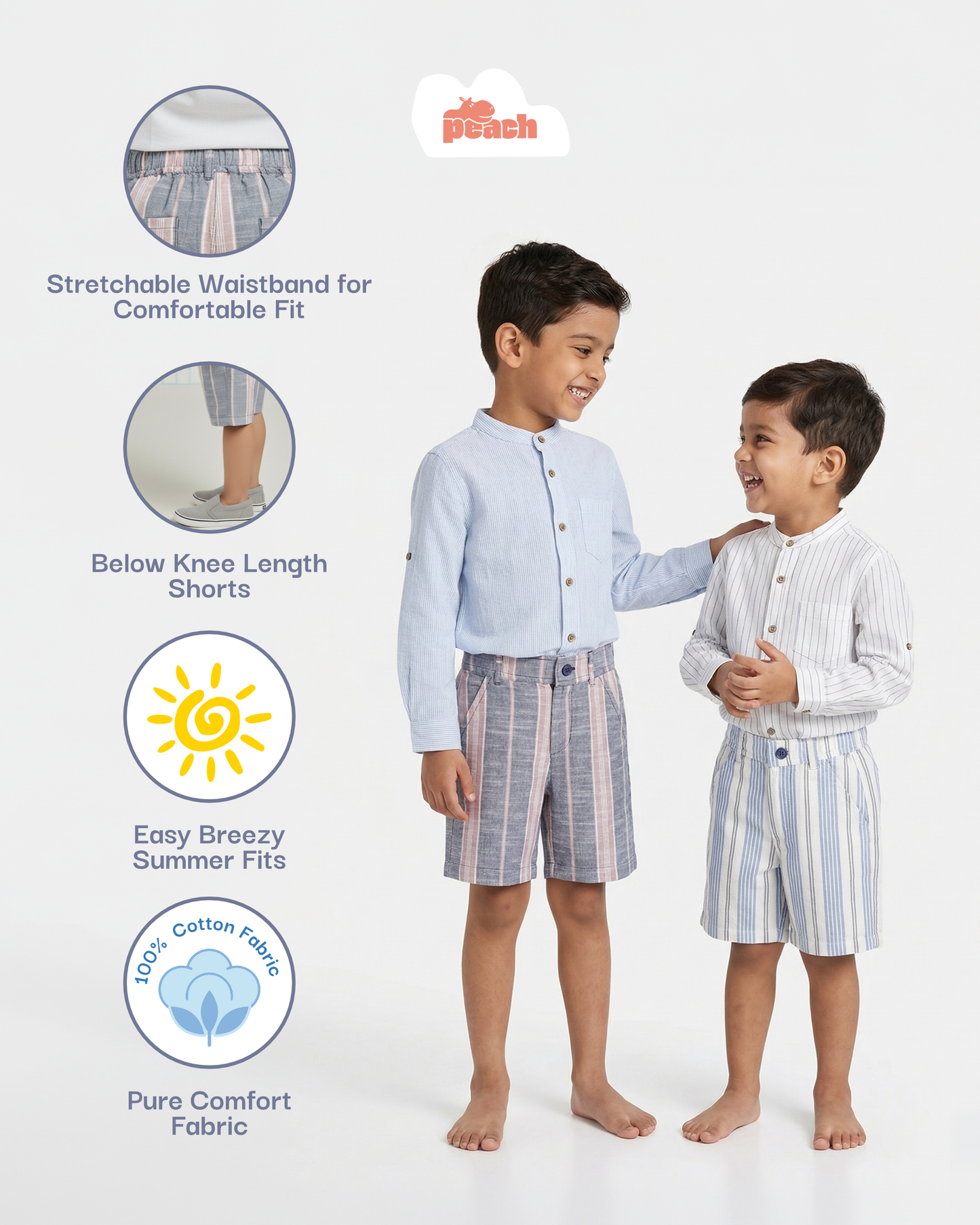 Long Summer Shorts Striped Shorts for Boys (Cream and Blue)