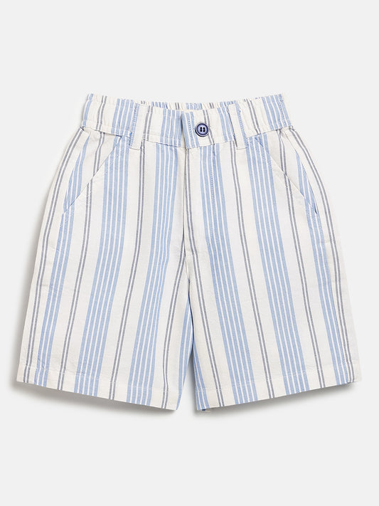 Off White and Blue Striped 100% Cotton Shorts