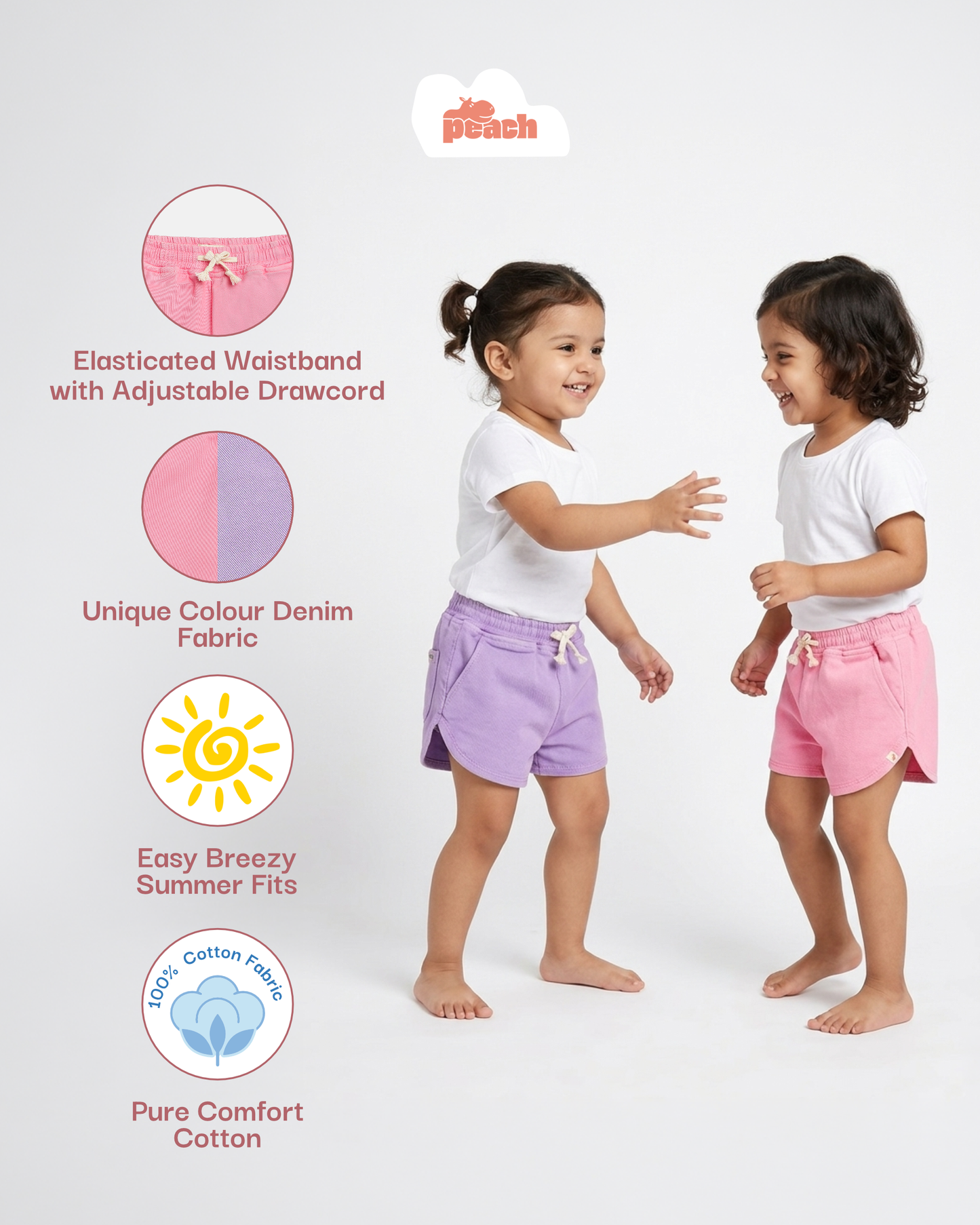 Pastel Pop 100% Cotton Denim Shorts for Girls (Purple)