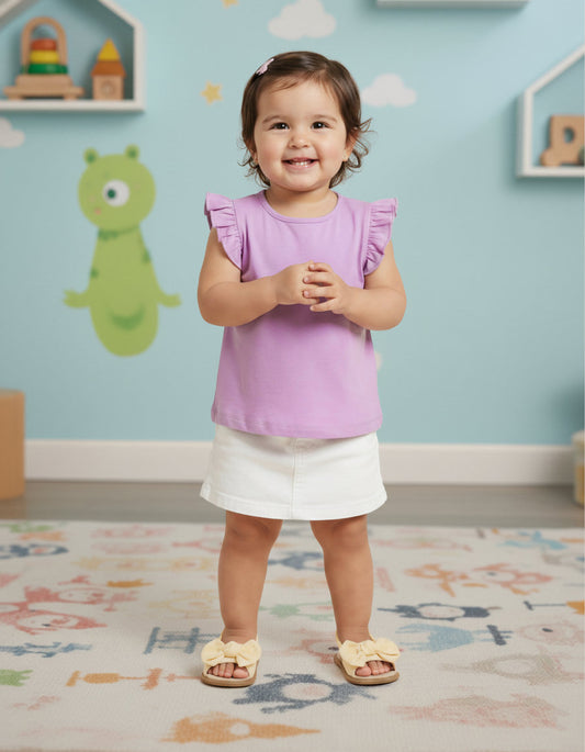 Lavender 100% Cotton Regular Fit Short Frill Sleeves T-shirt