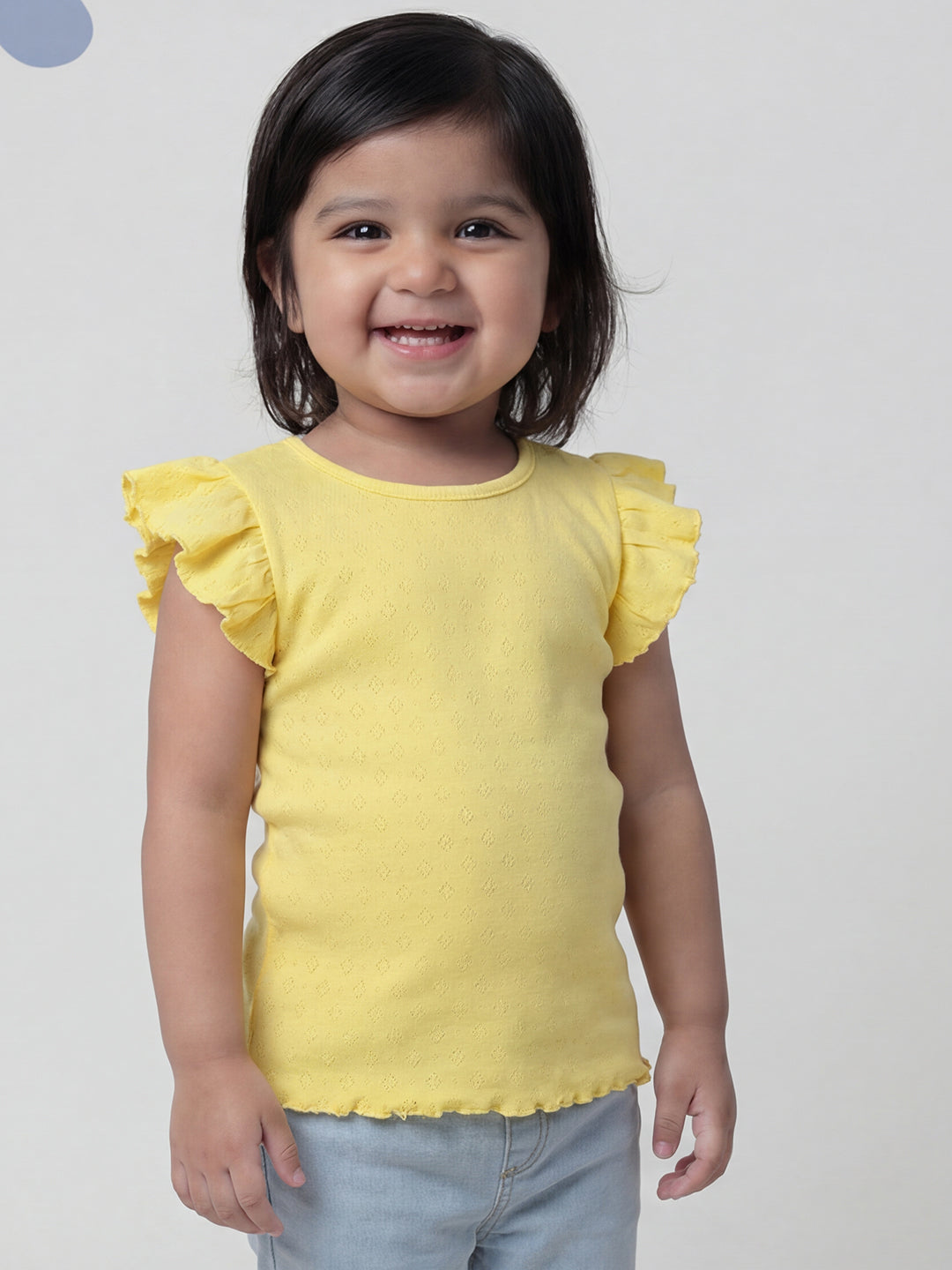 Lemon Yellow 100% Cotton Pointelle Regular Fit Short Frill Sleeves T-shirt