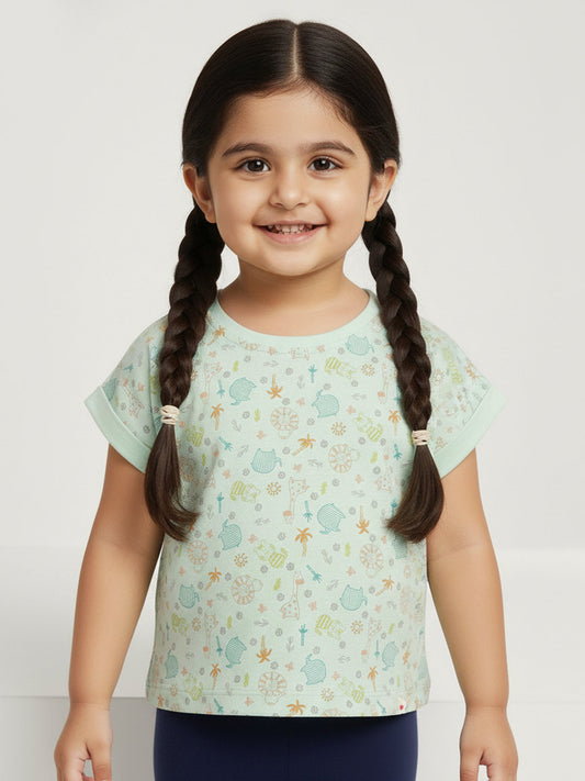 Pastel Green 100% Cotton Animal Printed Dolman Sleeves T-shirt