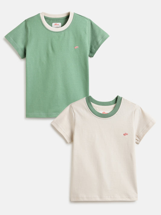 Everyday Basics: Value Pack of 2 100% Cotton T-shirt For Boys (Cream and Green)