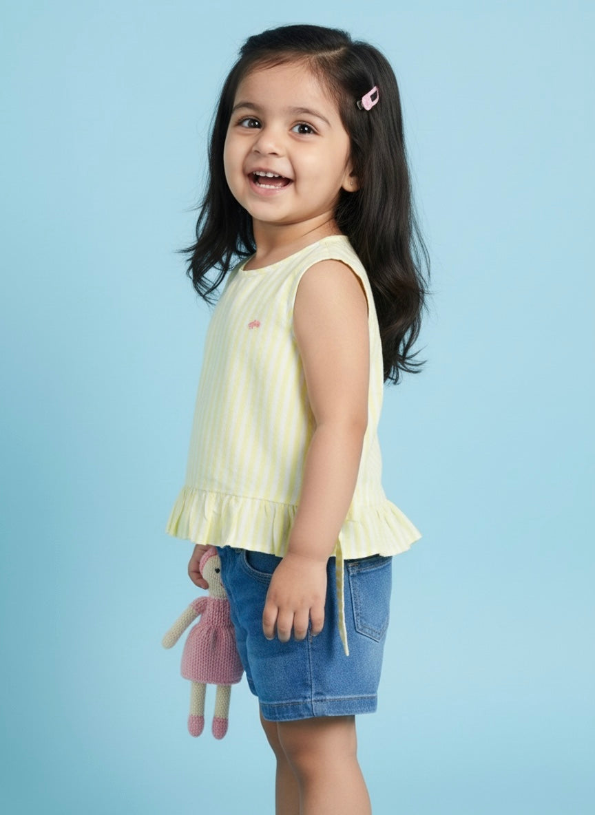 Yellow 100% Cotton Striped Sleeveless Top