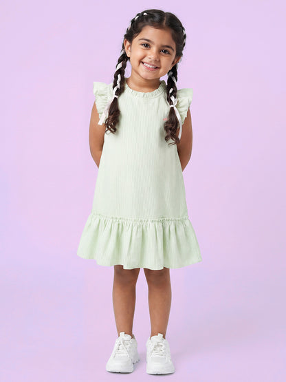 Soothing Stripes Frill Sleeves Dress for Girls (Green)