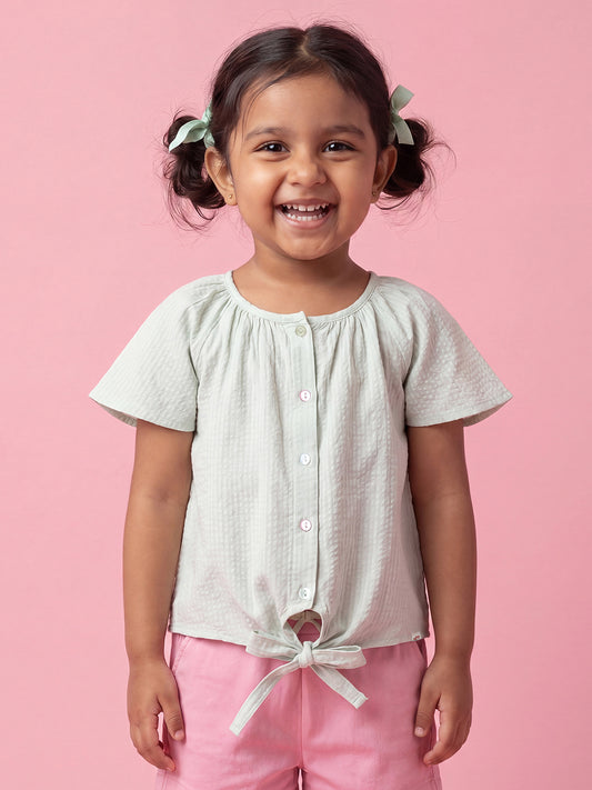 Seersucker Knot & Pop Tie-Up Top for Girls (Green)