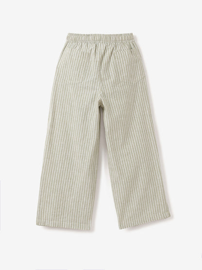Green Striped Cotton Linen Relaxed Fit Trousers