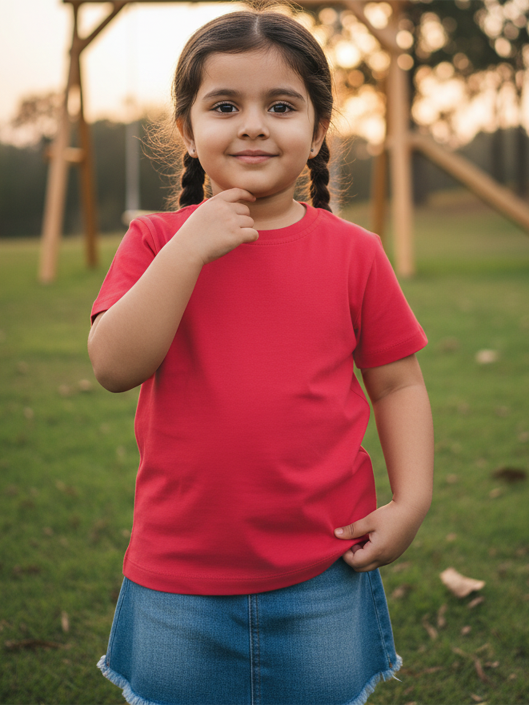 Red 100% Cotton Regular Fit Solid Short Sleeves T-shirt for Girls