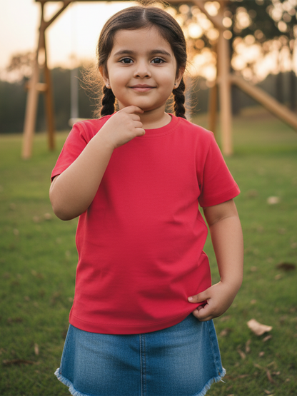 Red 100% Cotton Regular Fit Solid Short Sleeves T-shirt for Girls