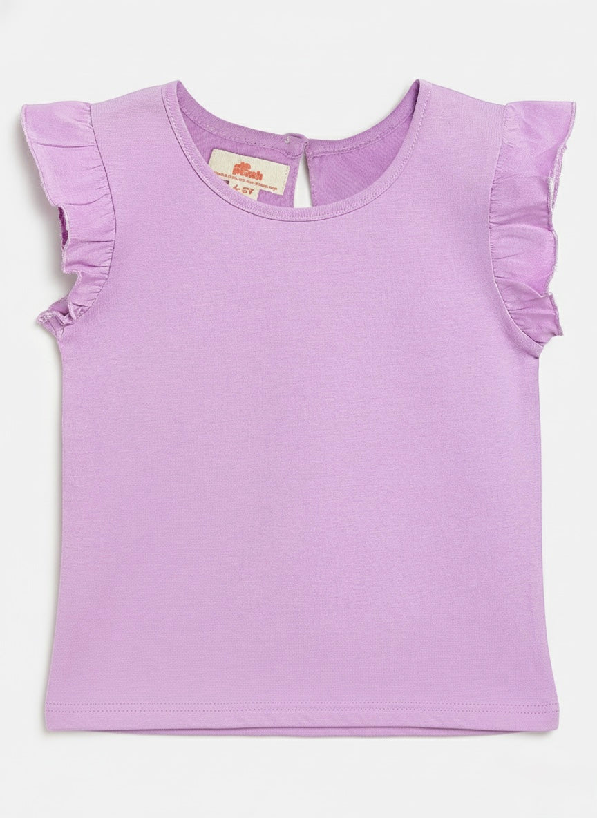 Lavender 100% Cotton Regular Fit Short Frill Sleeves T-shirt